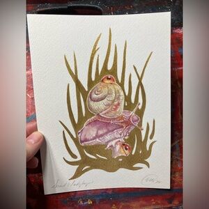 Original mushroom snail butterfly painting surreal nouveau gold accent artwork